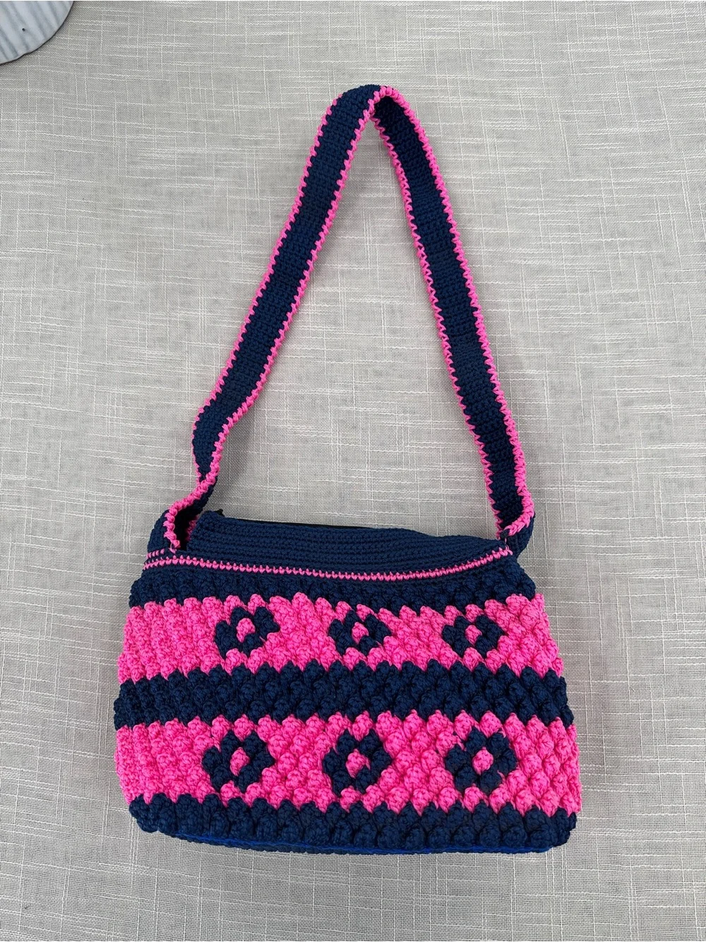 Vintage Knitility Crochet Shoulder Bag Hot Pink Navy Structured Purse